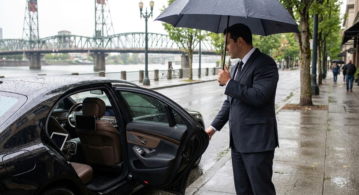 Hourly chauffeur service process in Portland with professional driver and luxury car